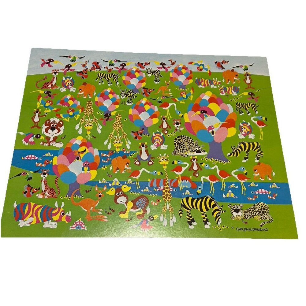 Vtg 70s MCM Animals Wildlife Carl Orimenko Nursery Art Decor 14x11 Zoo Color